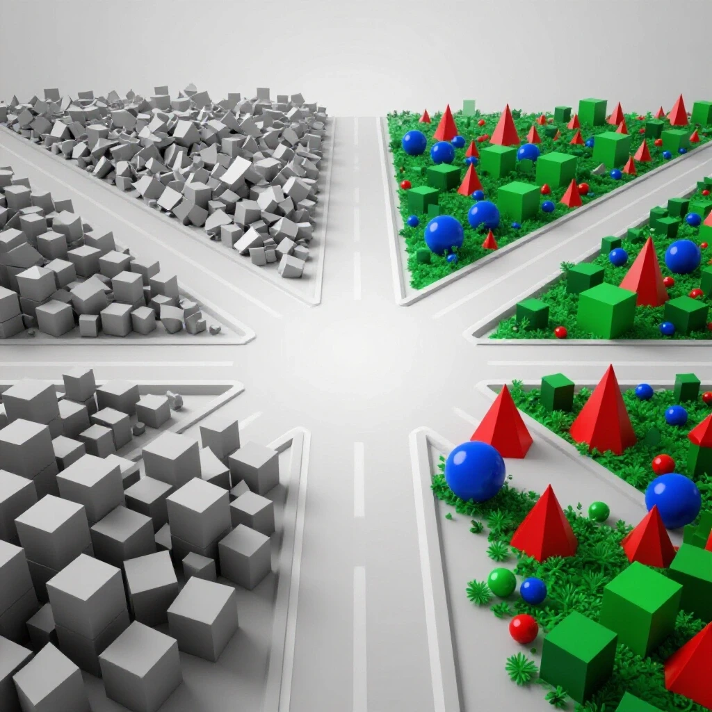 Crossroads with one crowded, dull path and another leading to vibrant, flourishing geometric landscapes.