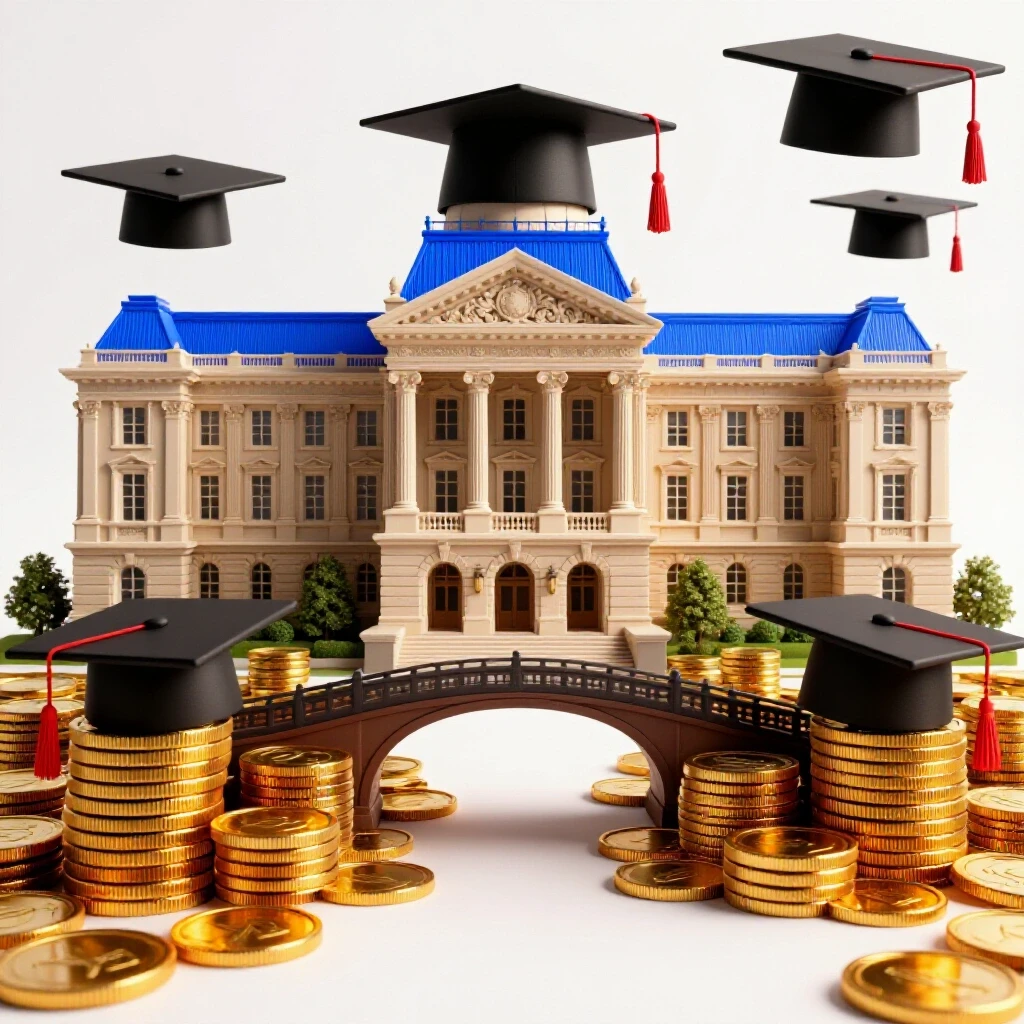 A split scene with a detailed college campus on one side, gold coins on the other, joined by a bridge of graduation caps.