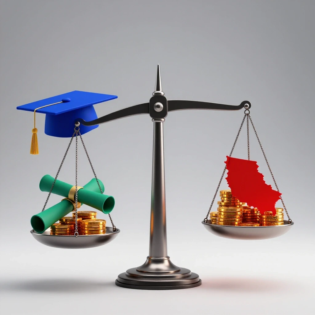 A dynamic balance scale with a graduation cap and diploma weighing against coins and a state map silhouette.