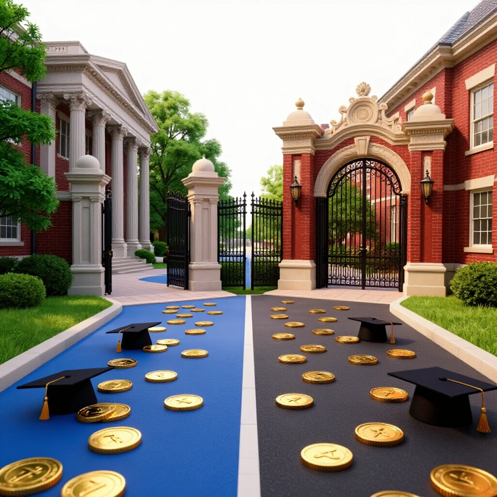 Split path with public state campus on one side and private college on the other, coins and graduation caps scattered along both.