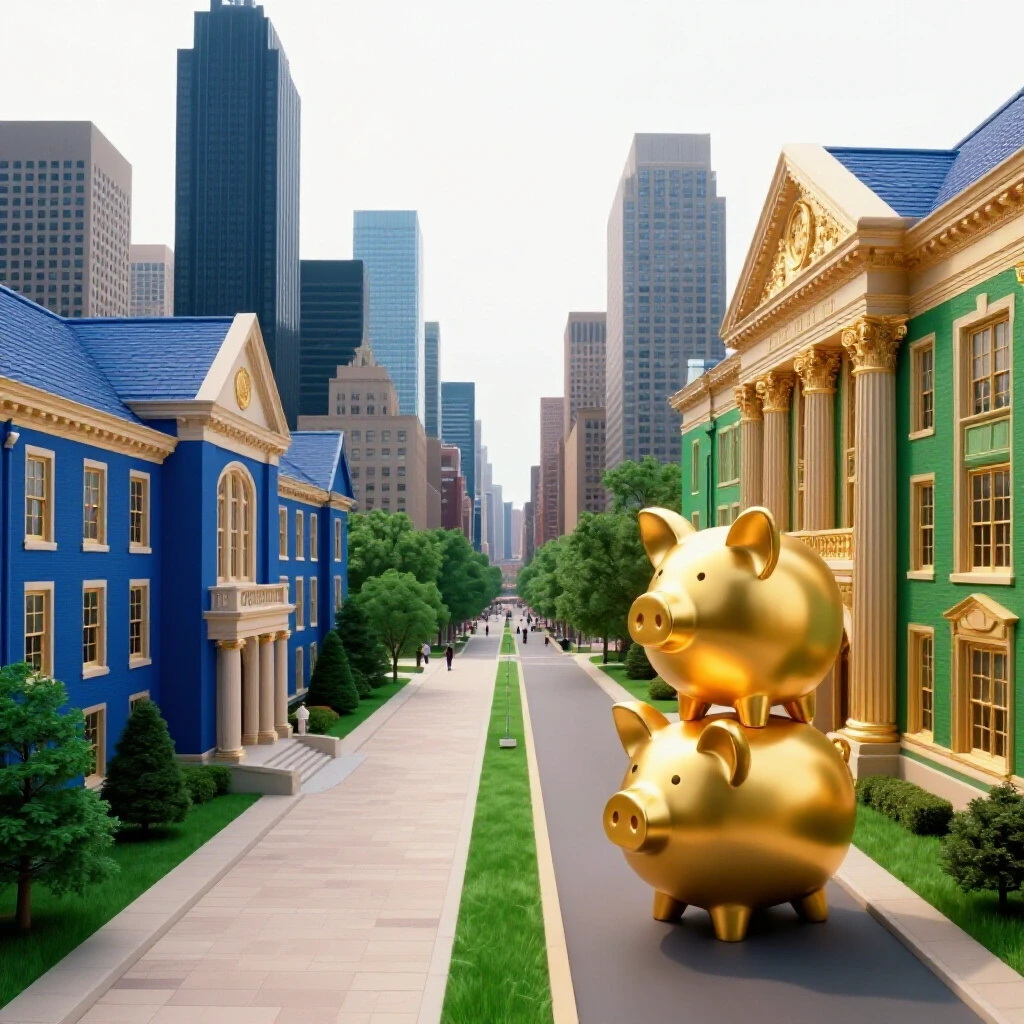 Two diverging pathways: one from a state school to a city skyline, the other from a private college to a golden piggy bank.