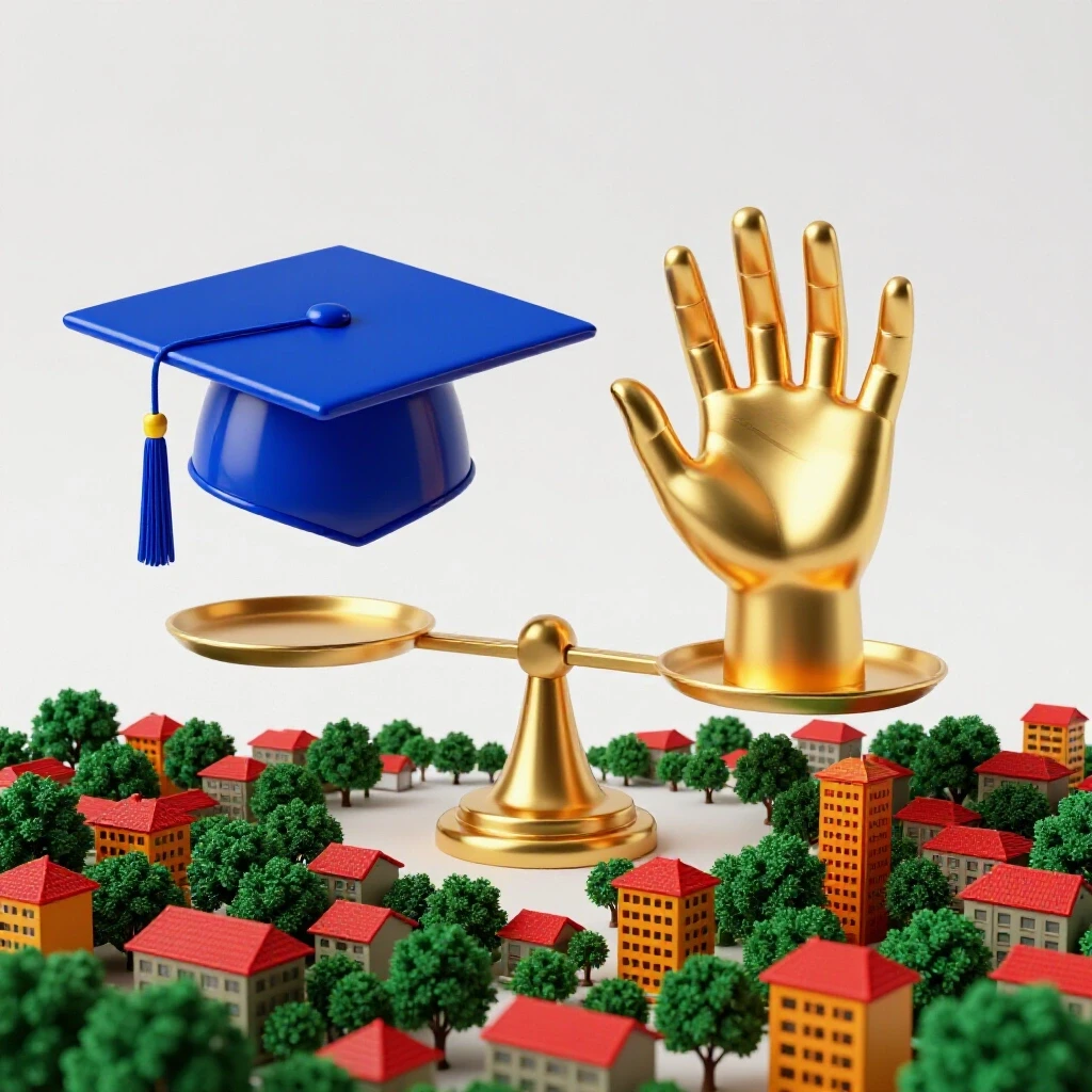 A balanced scale features a royal blue graduation cap on one side and a glowing golden hand over a colorful community on the other.