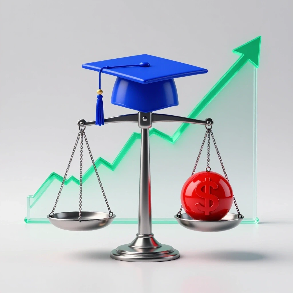 Scale with a graduation cap balancing against a ball and chain of debt, financial chart in the background.