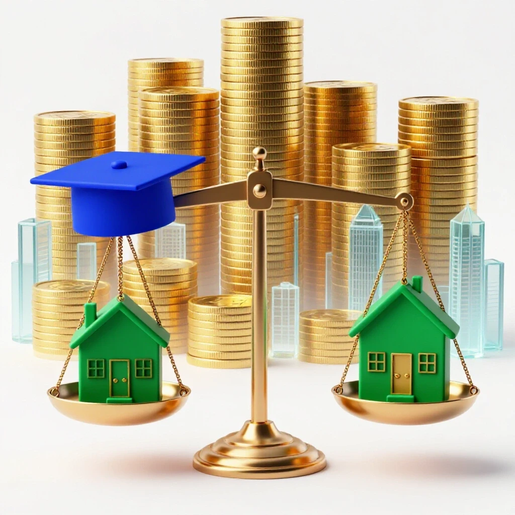 A graduation cap and a house balanced on a metallic scale, with coins and a cityscape in a bright studio setting.