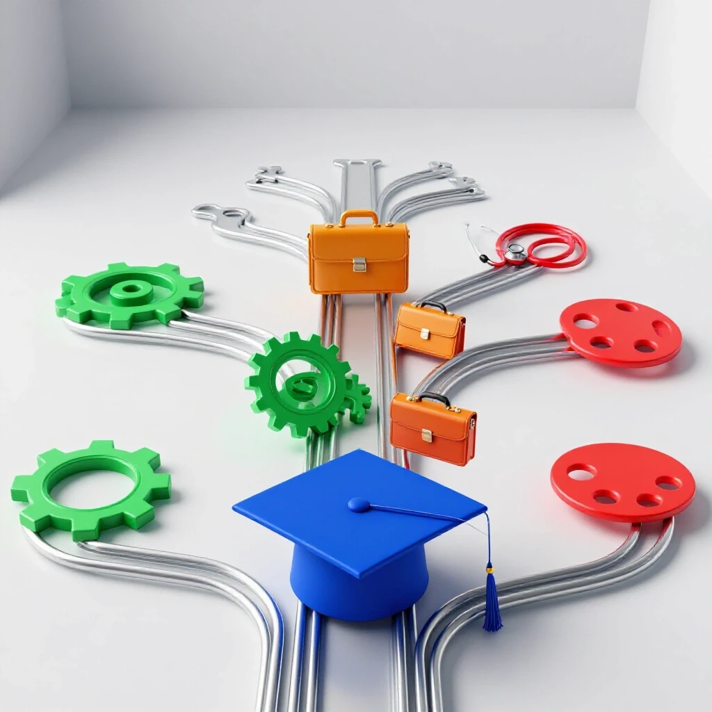 A graduation cap at the center of branching pathways transforming into vibrant career symbols on a bright background.