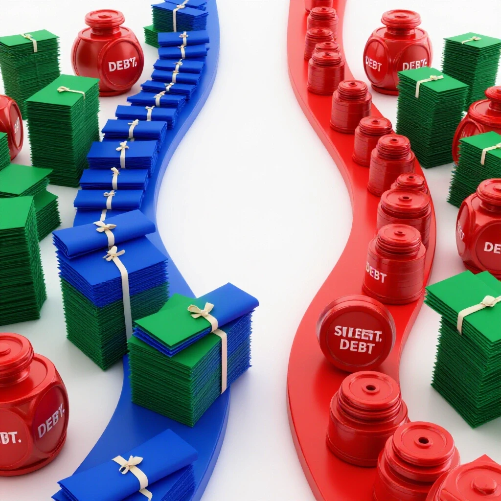 Multiple-pathway scene with colorful diploma stacks on one route and heavy red debt weights on another, set on a bright white background.