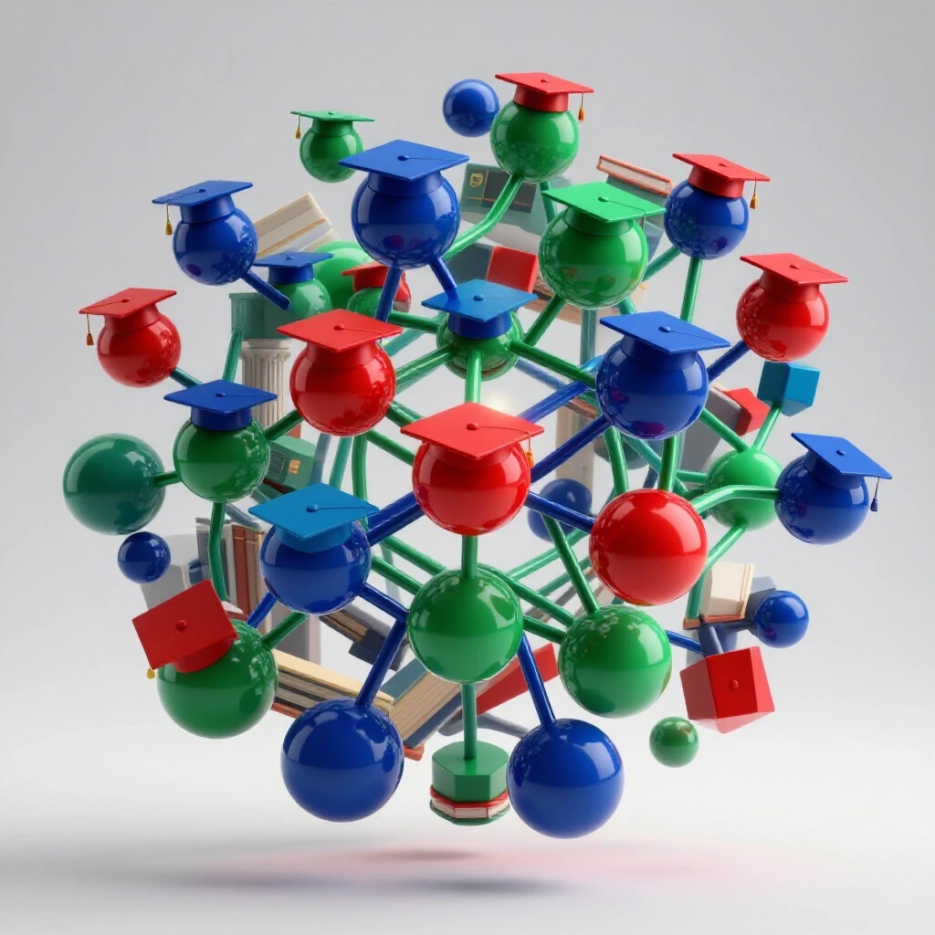 Vibrant web of colorful interconnected figures in graduation caps glowing against a bright academic-themed background.