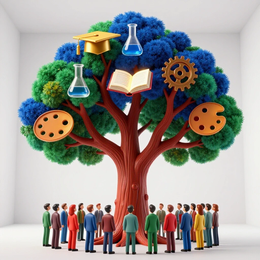 A luminous tree with vibrant branches transforming into symbols for degrees, surrounded by diverse abstract figures.