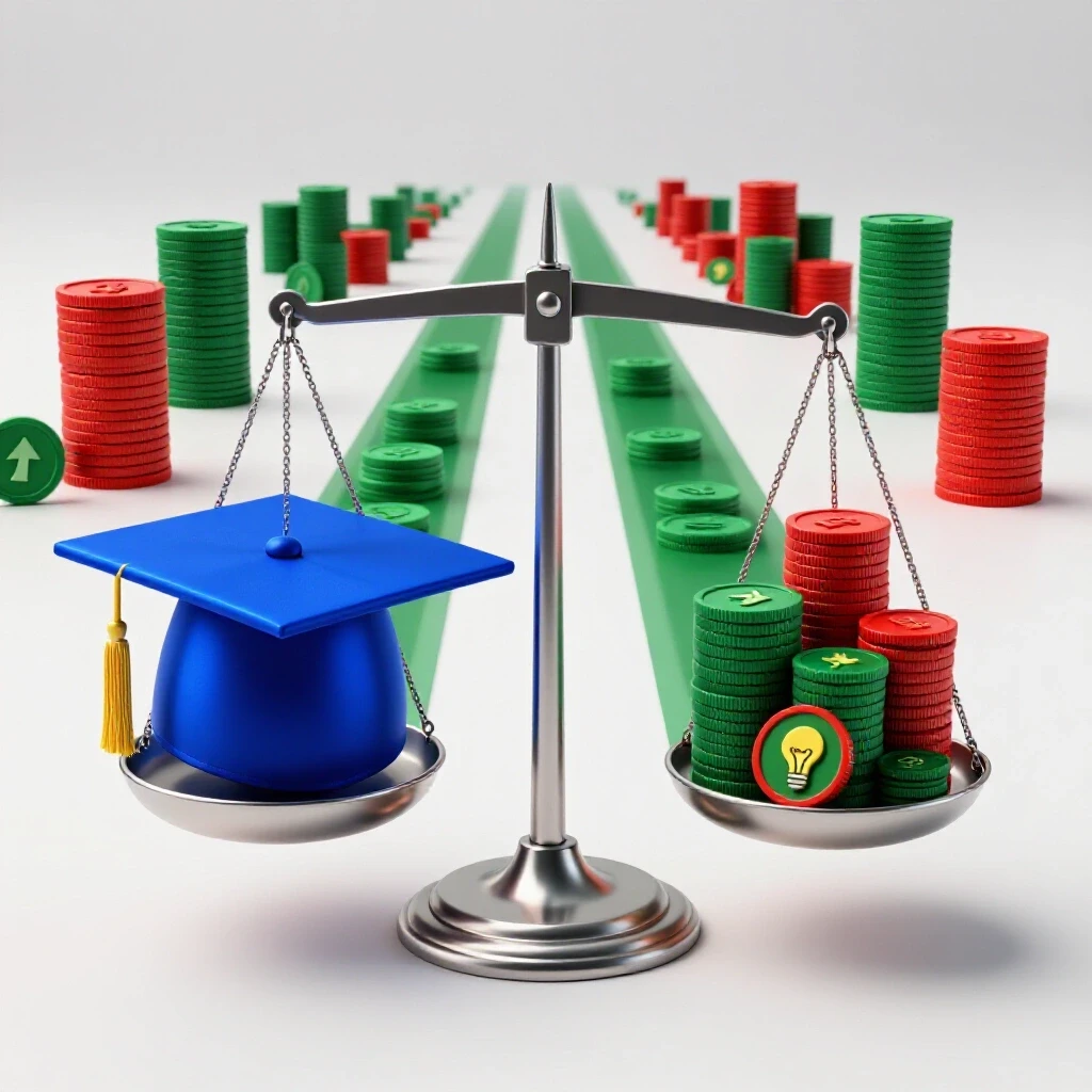 A glowing blue graduation cap and colorful coin stacks weighed on a balanced scale, with bright pathways diverging in the background.