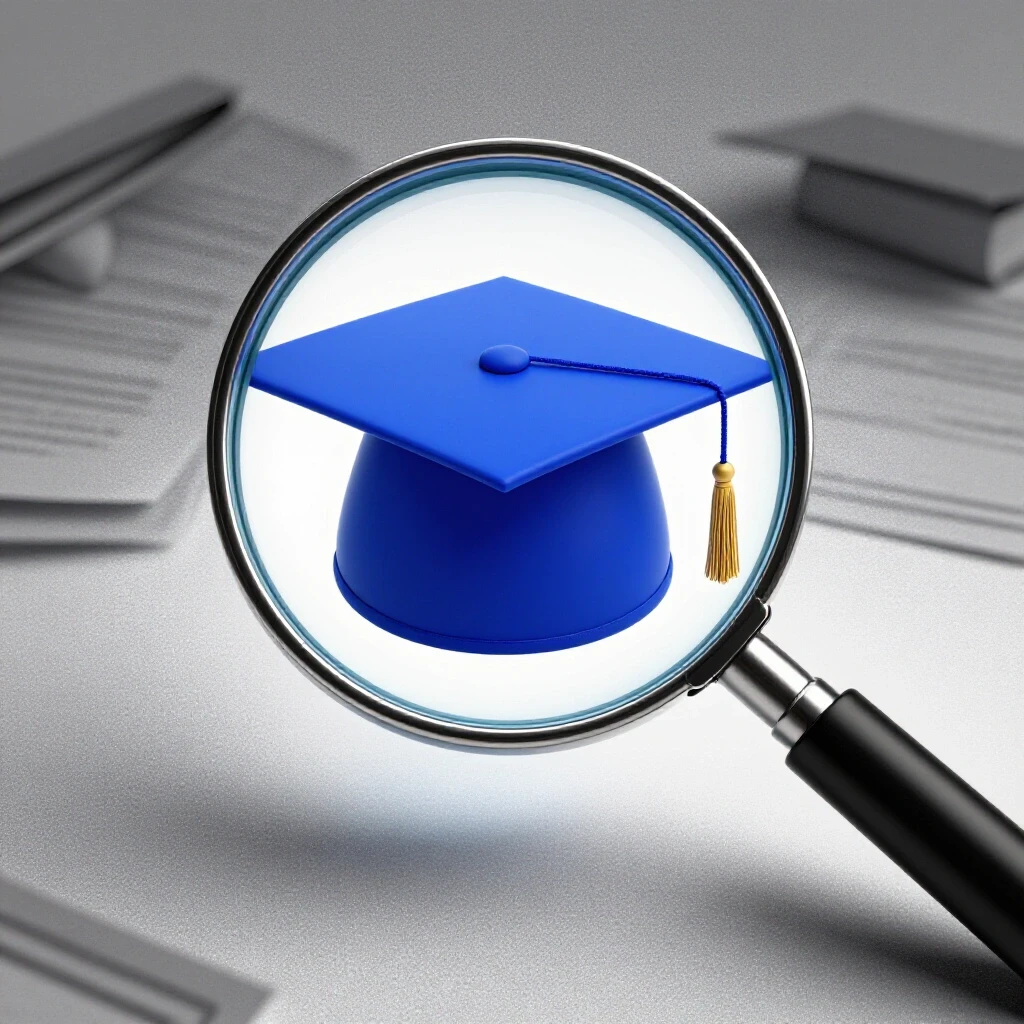 Magnifying glass hovering over a vivid blue graduation cap, spotlighted among blurred documents on a white background.