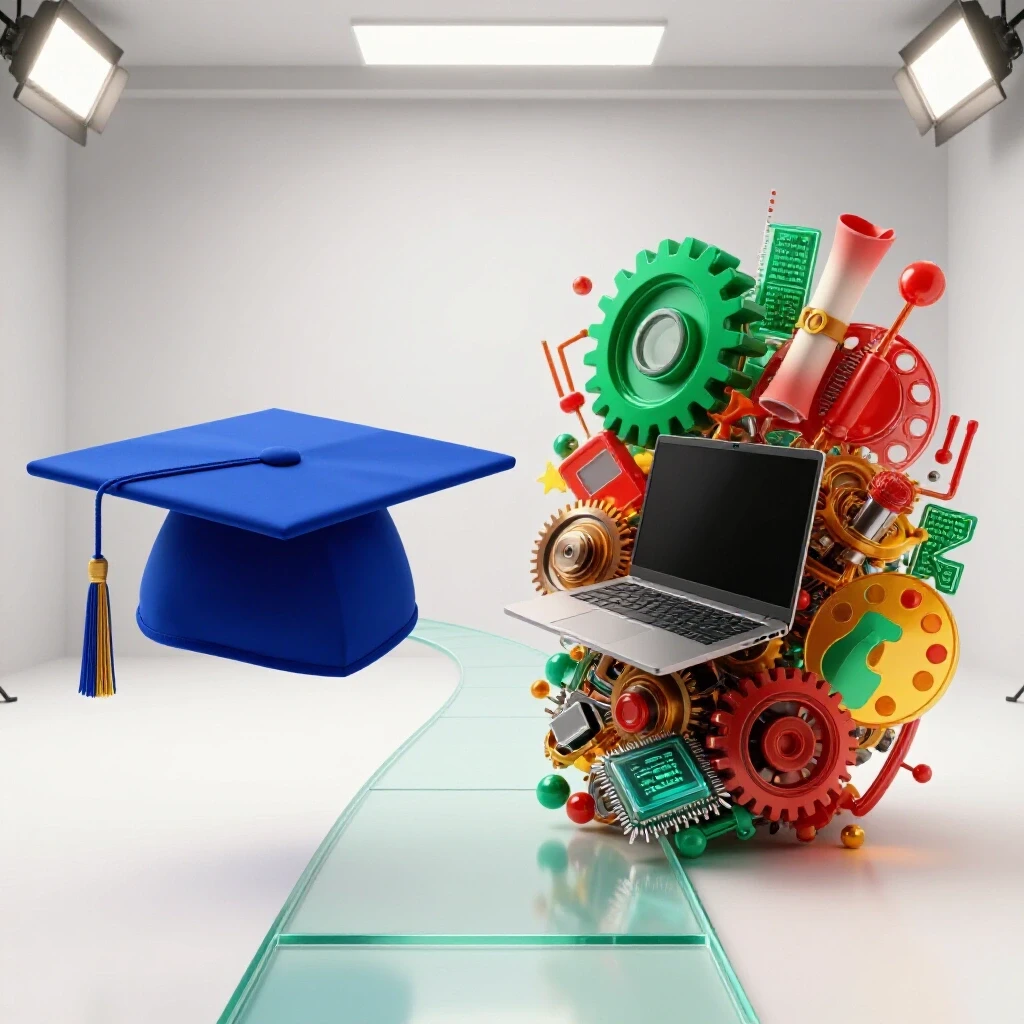 Split scene featuring a graduation cap on one side and creative tools and tech gadgets on the other, connected by a pathway.