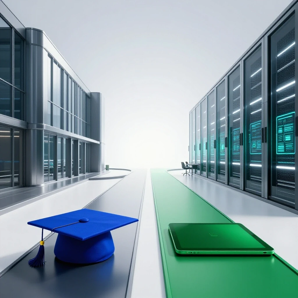Split path scene with a blue graduation cap leading to an office and a green device to a tech workspace, merging at a bright horizon.