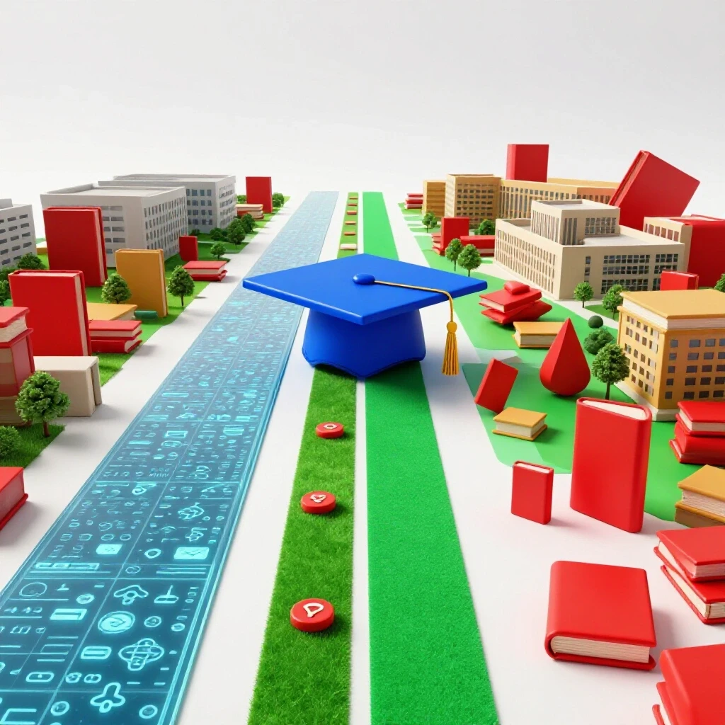 Split pathway image with graduation cap leading to digital icons on one side and a lively campus scene on the other.