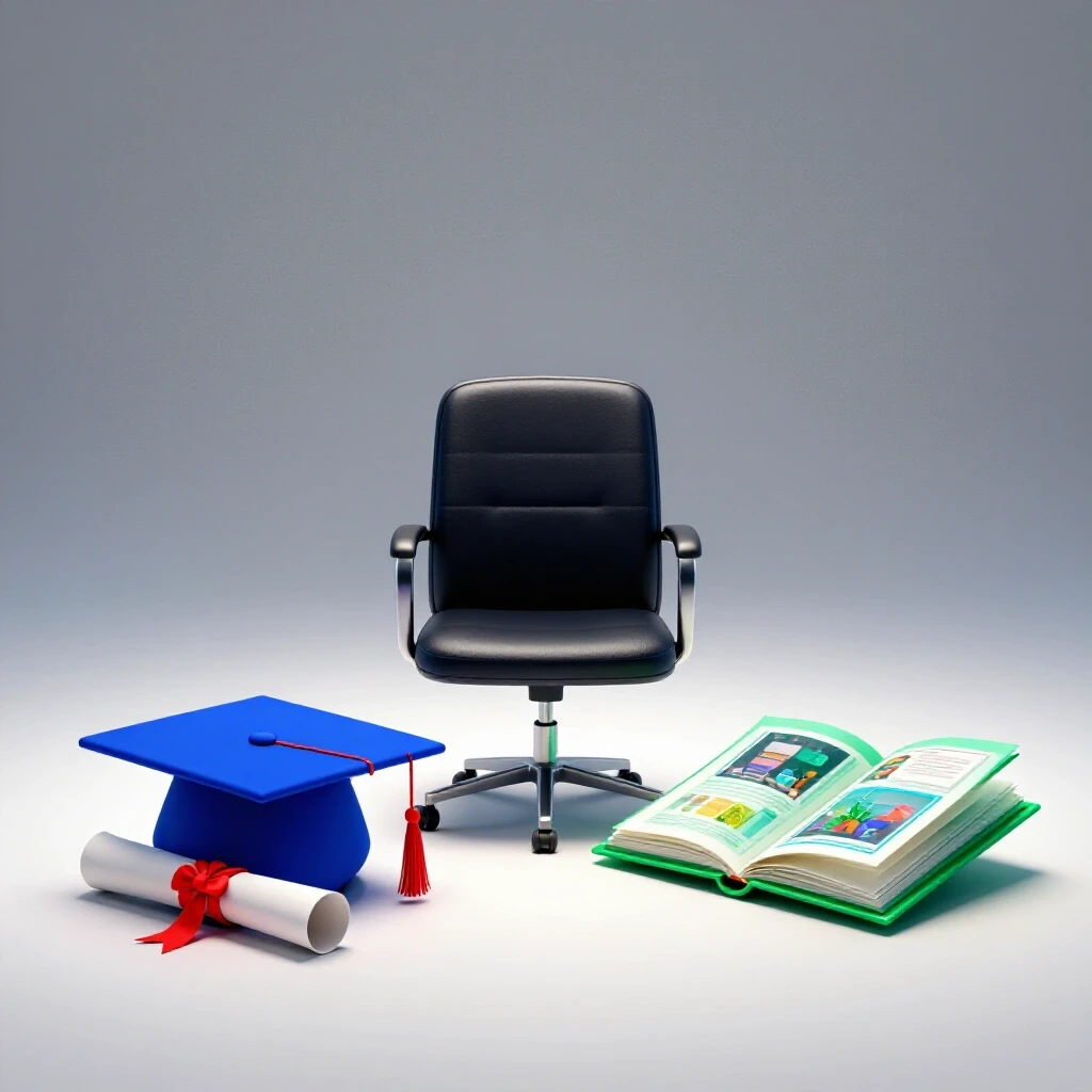 Split scene with graduation cap and diploma on one side, glowing creative portfolio on the other, both converging toward a brightly spotlighted interview chair at center on a luminous studio background.