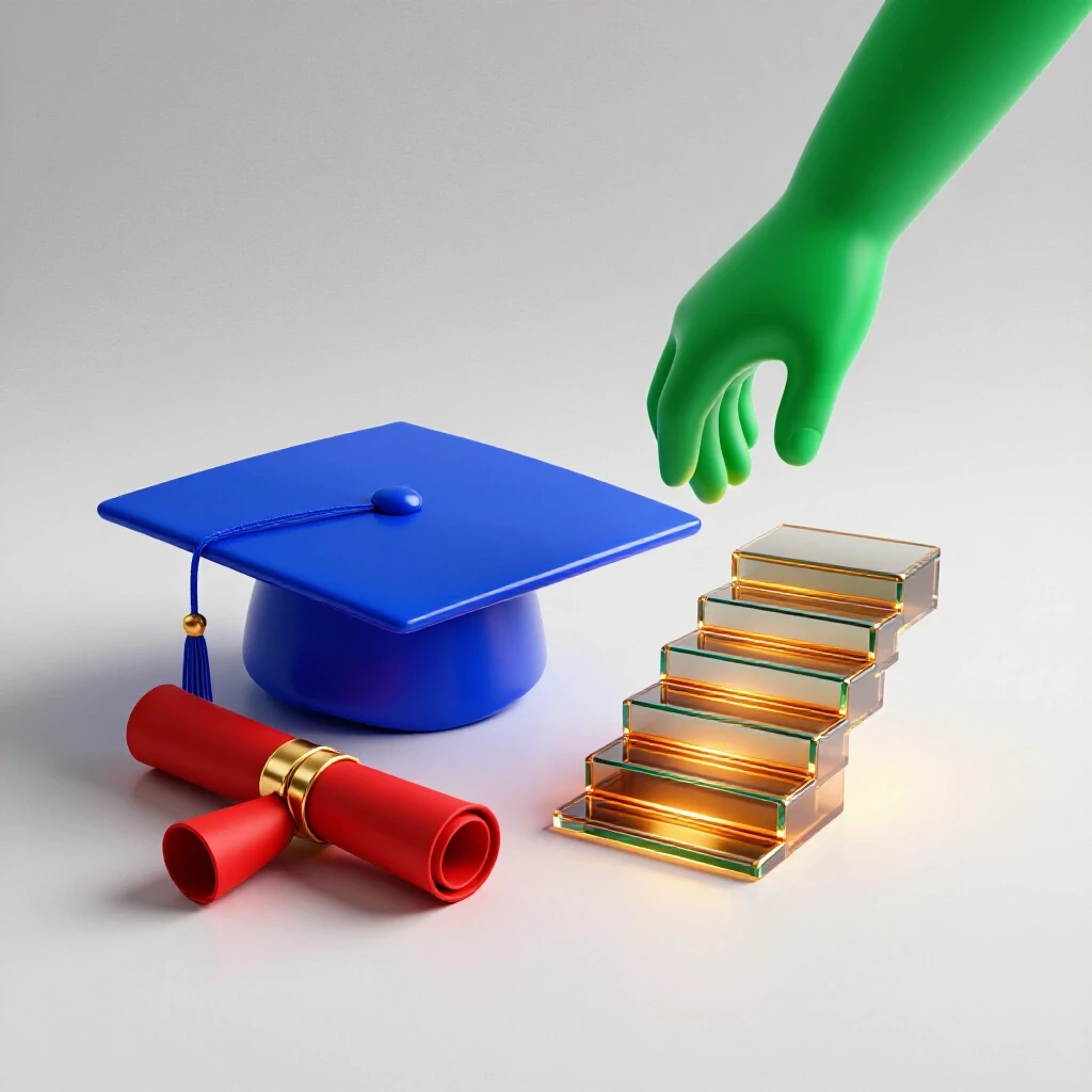 Split scene with a glossy graduation cap and diploma on one side, vibrant guiding hand leading up illuminated steps on the other, contrasting academic and mentorship paths.
