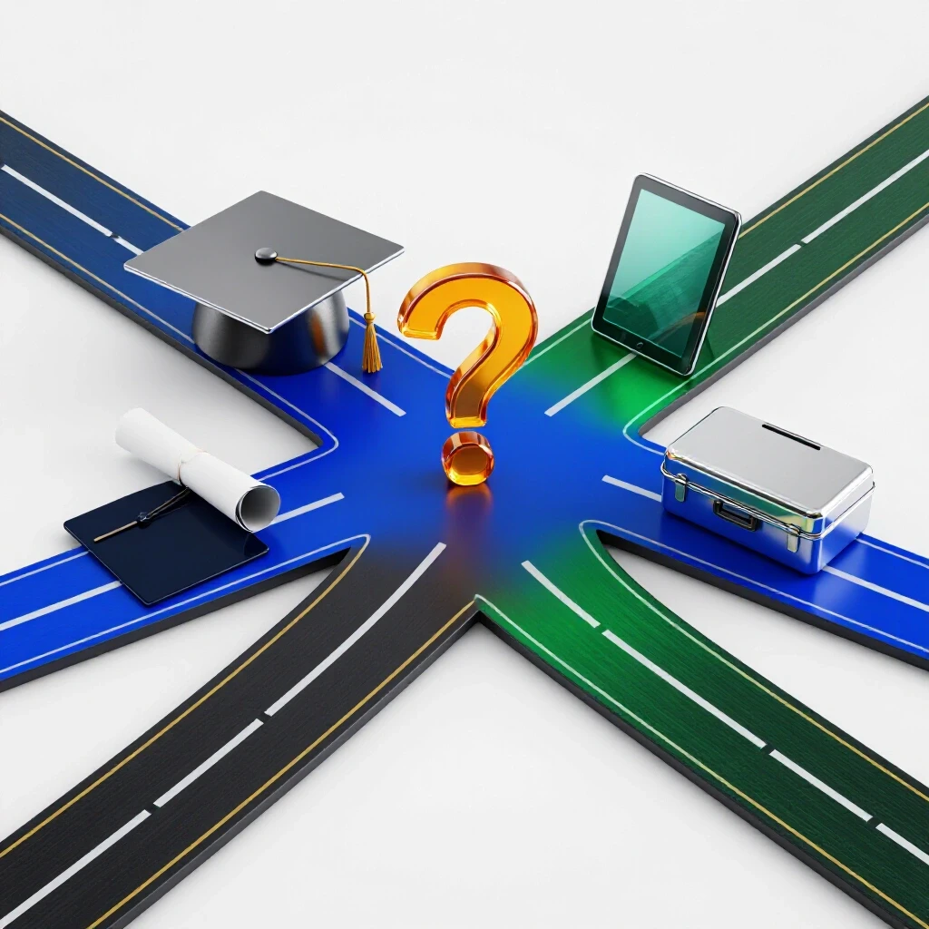 Dramatic crossroads with bold blue and green paths leading to a graduation cap or digital toolkit, centered on a glowing question mark.