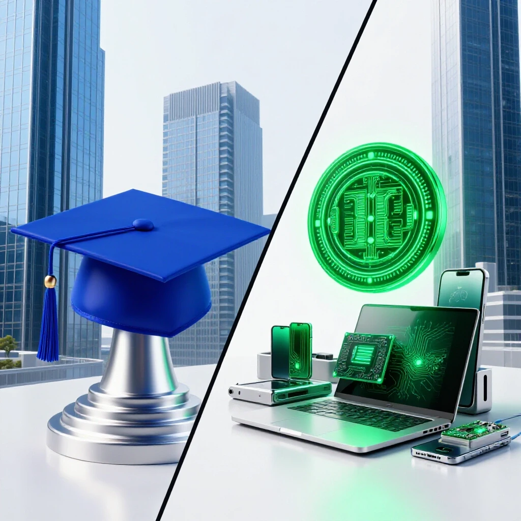 Split scene with graduation cap near skyscrapers and digital badge among tech devices on bright background