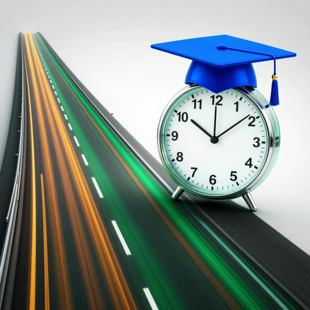 Split scene of a fast highway beside a morphing clock turning into a graduation cap, on a bright background