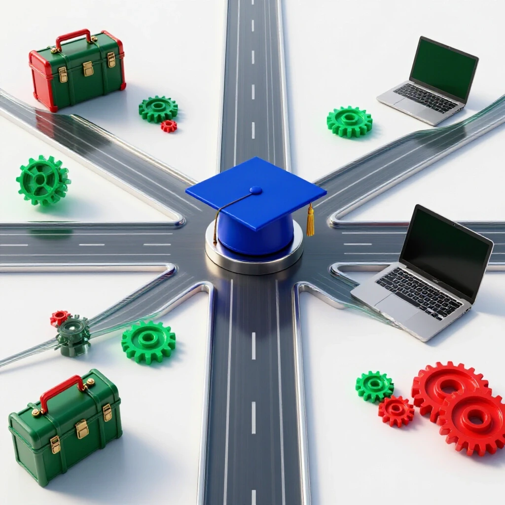 A central crossroads splitting to a graduation cap on one path and versatile career tools on another, set in a bright studio.