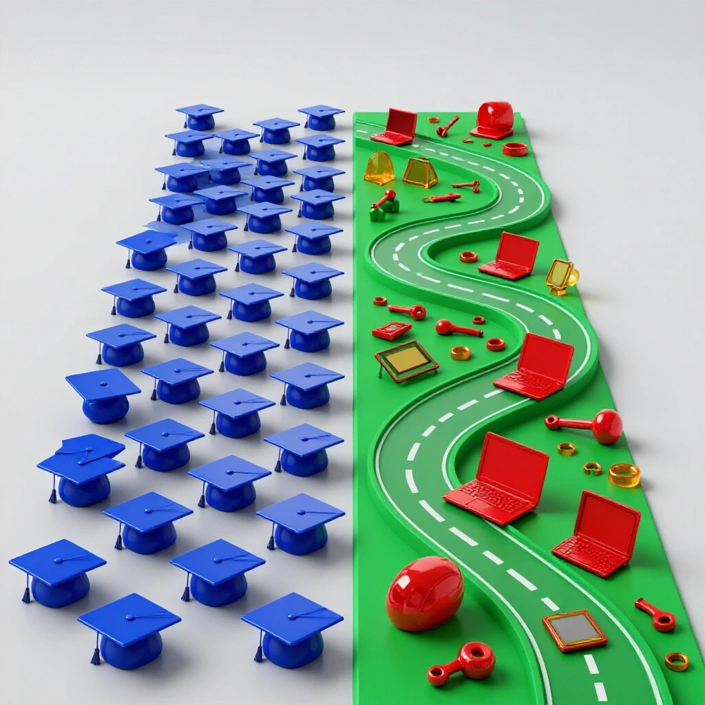 Split scene shows structured path with graduation caps and a vibrant, winding road with diverse tools and gadgets.