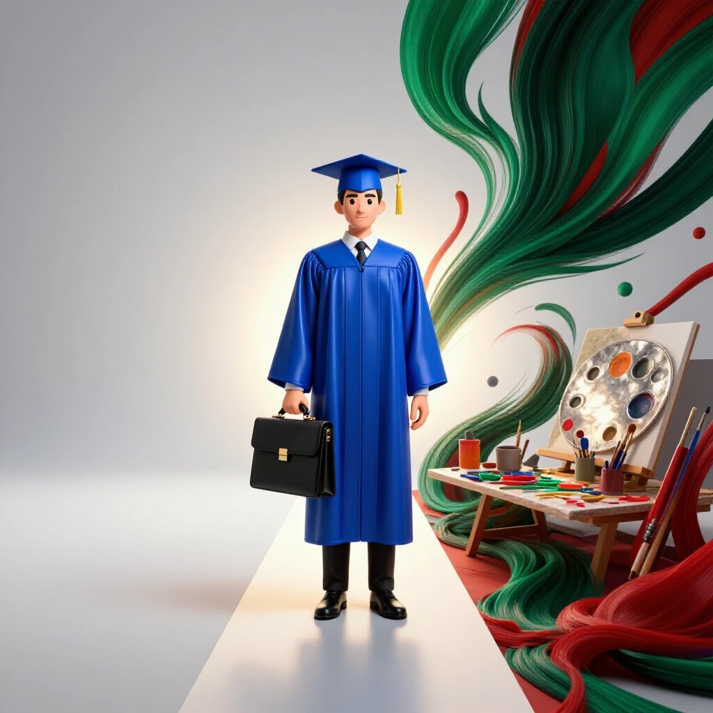 Split scene showing a graduate with cap and gown beside a colorful artist, both on converging paths toward a glowing horizon.