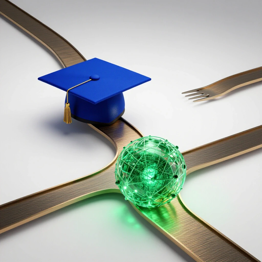 A forked path leads to a graduation cap on one side and a glowing green data network on the other, set against a bright studio background.