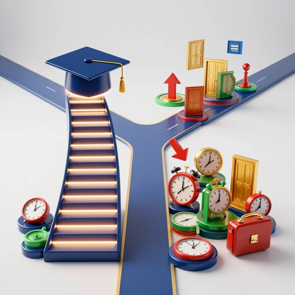 Vivid split-path 3D scene with a glowing staircase and crossroads, surrounded by clocks and opportunity icons.