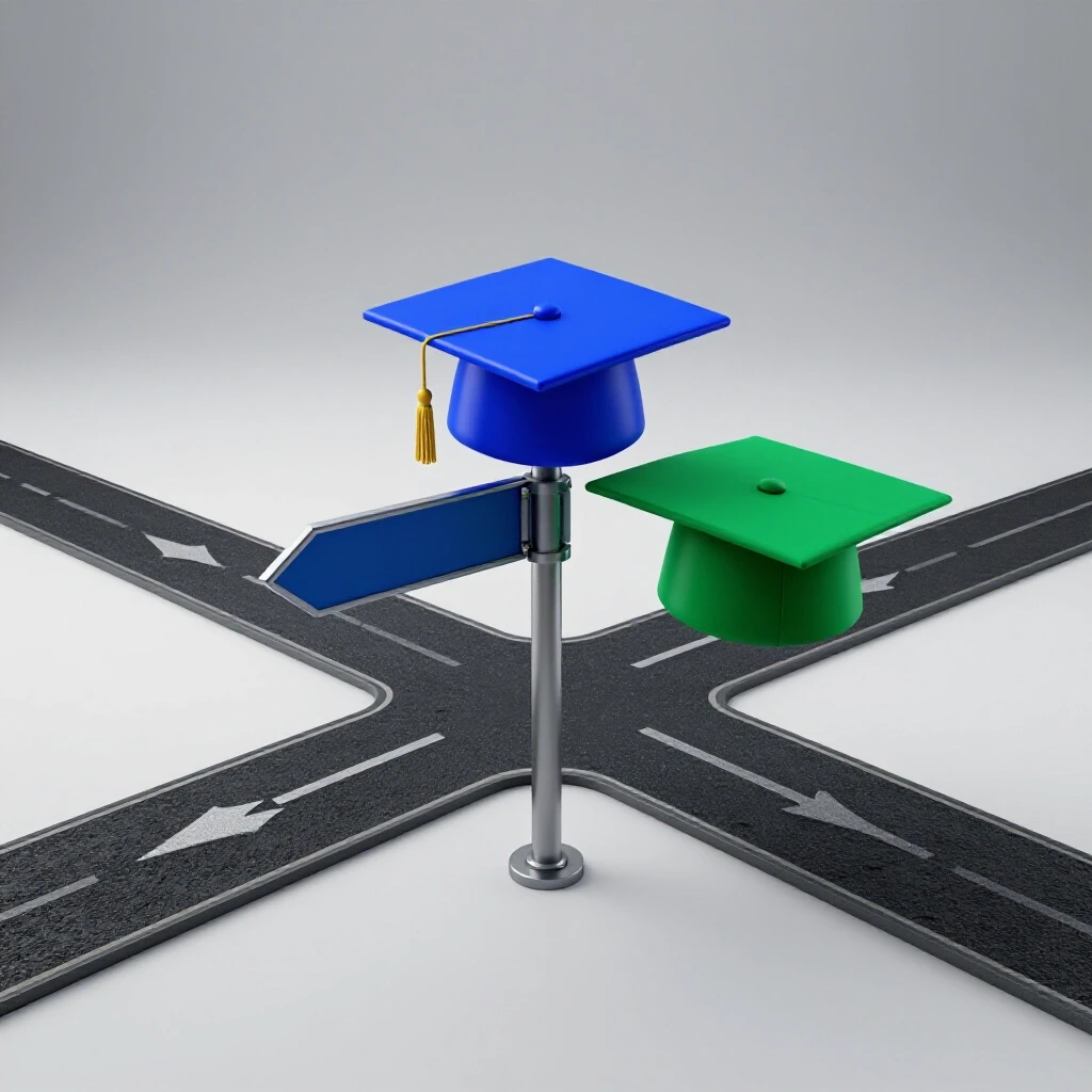 Split-path scene with a glossy graduation cap and vibrant doctoral hood at a decision crossroads, each leading to diverging pathways under bright studio lighting.