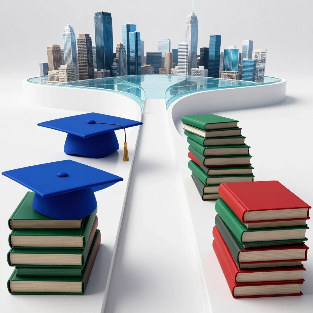 Forked path with a graduation cap leading to a city skyline and books ascending toward a wide horizon in a bright studio scene.