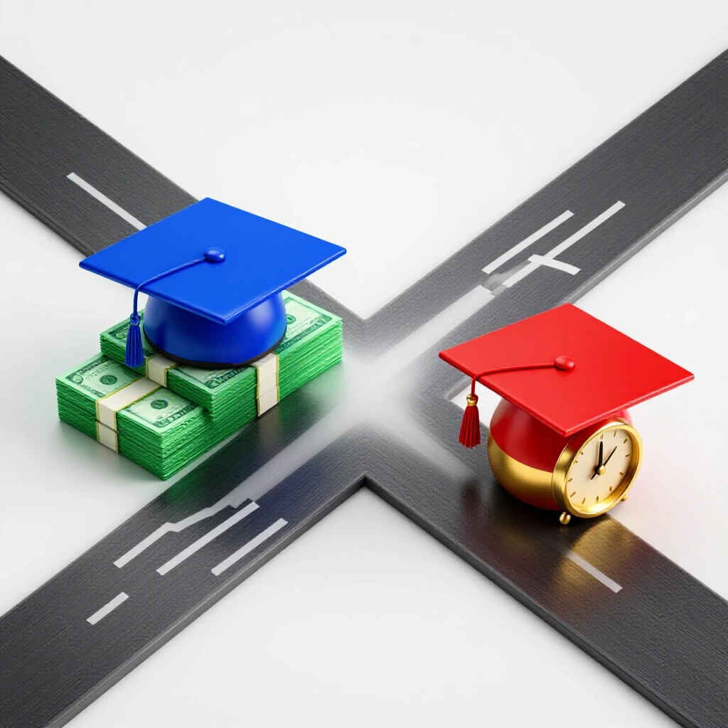 Crossroads with a graduation cap on a stack of cash and a doctoral cap beside a gold clock on a bright background.