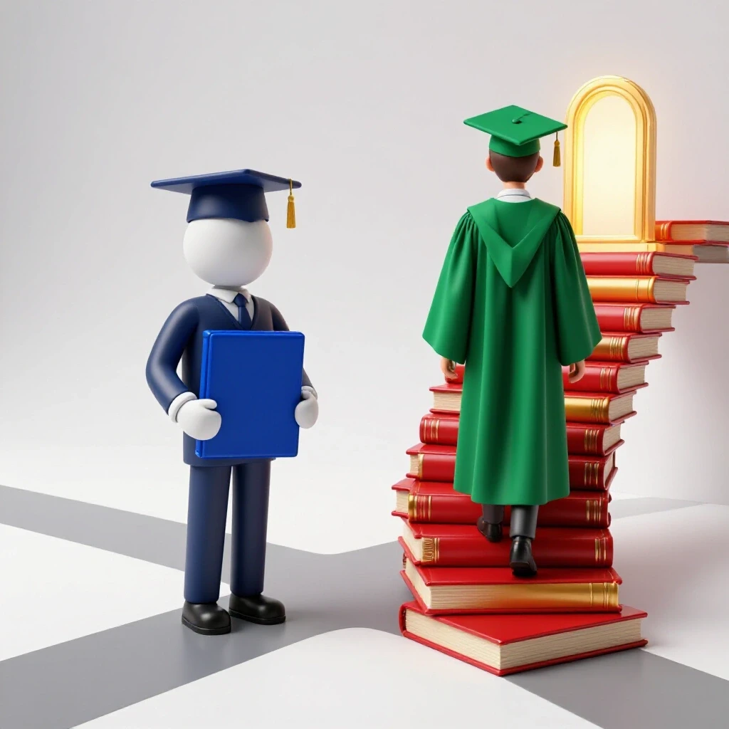 Comparison scene with a graduate at a crossroads holding a diploma and an academic ascending book stairs toward a glowing opportunity.