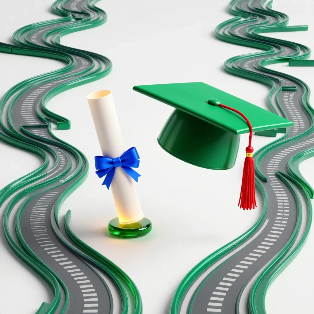 Balanced scale with a glowing diploma and a radiant doctoral cap, surrounded by diverging paths showing life choices.