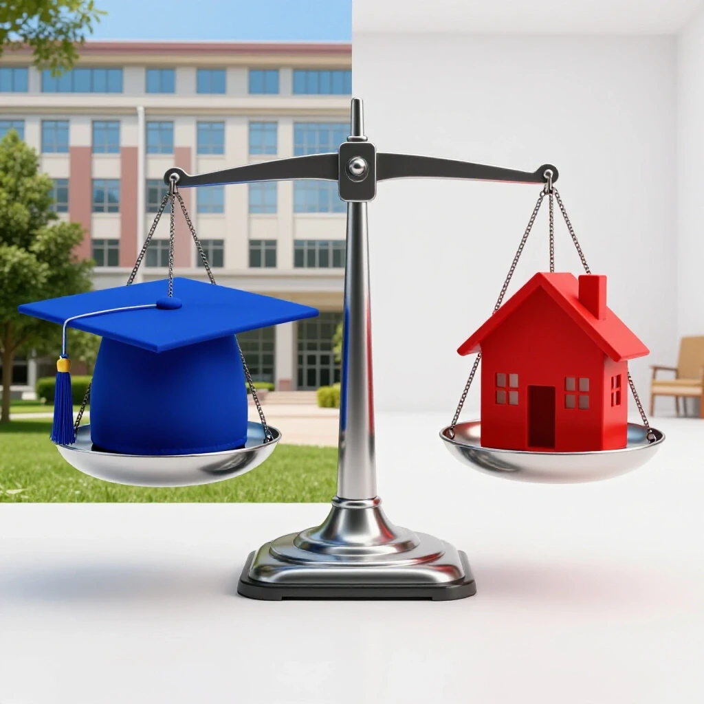 Graduation cap and house balanced on a scale, contrasting campus and home backgrounds vividly.