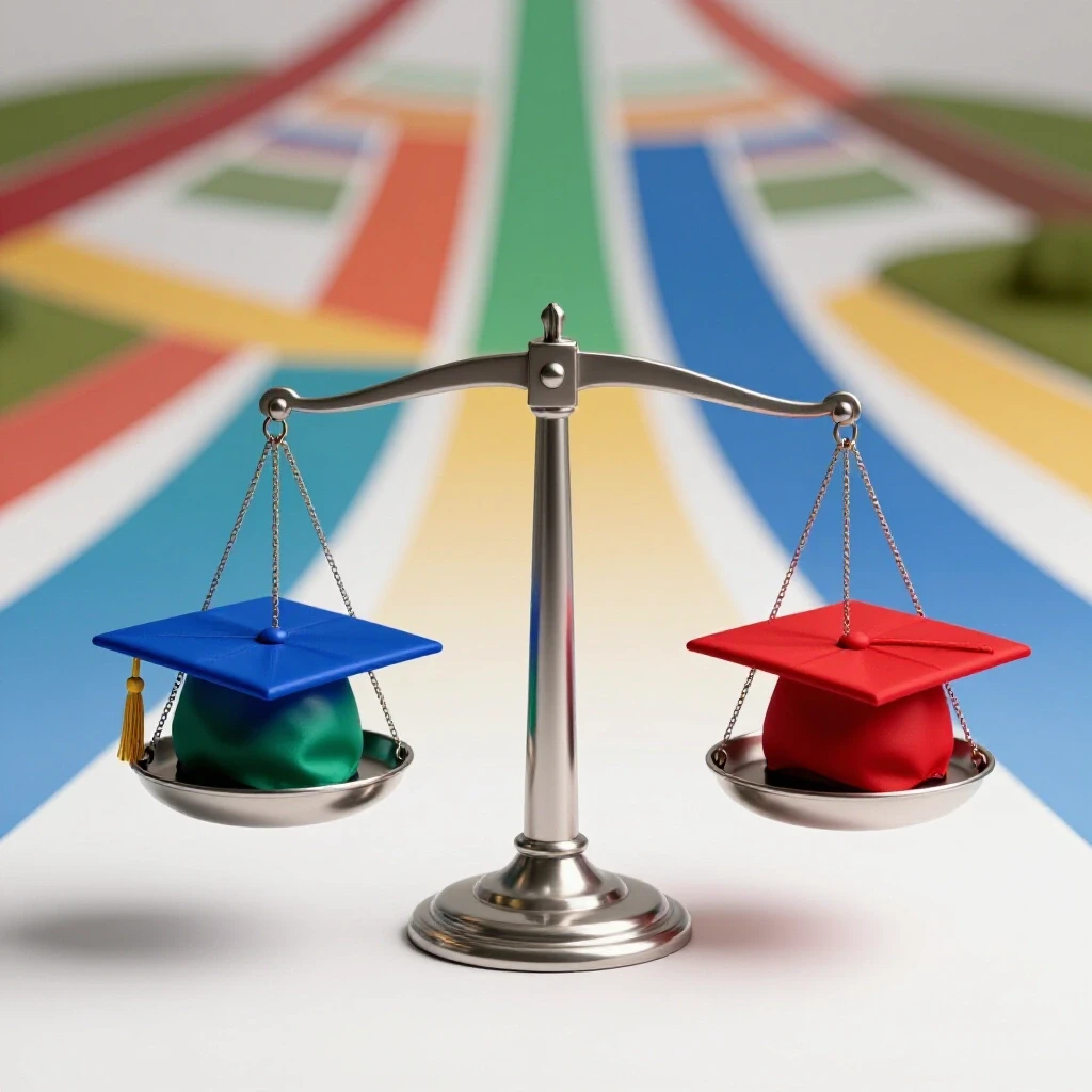 A metallic scale with a single blue graduation cap on one side and two colorful caps on the other, set against diverging pathways.
