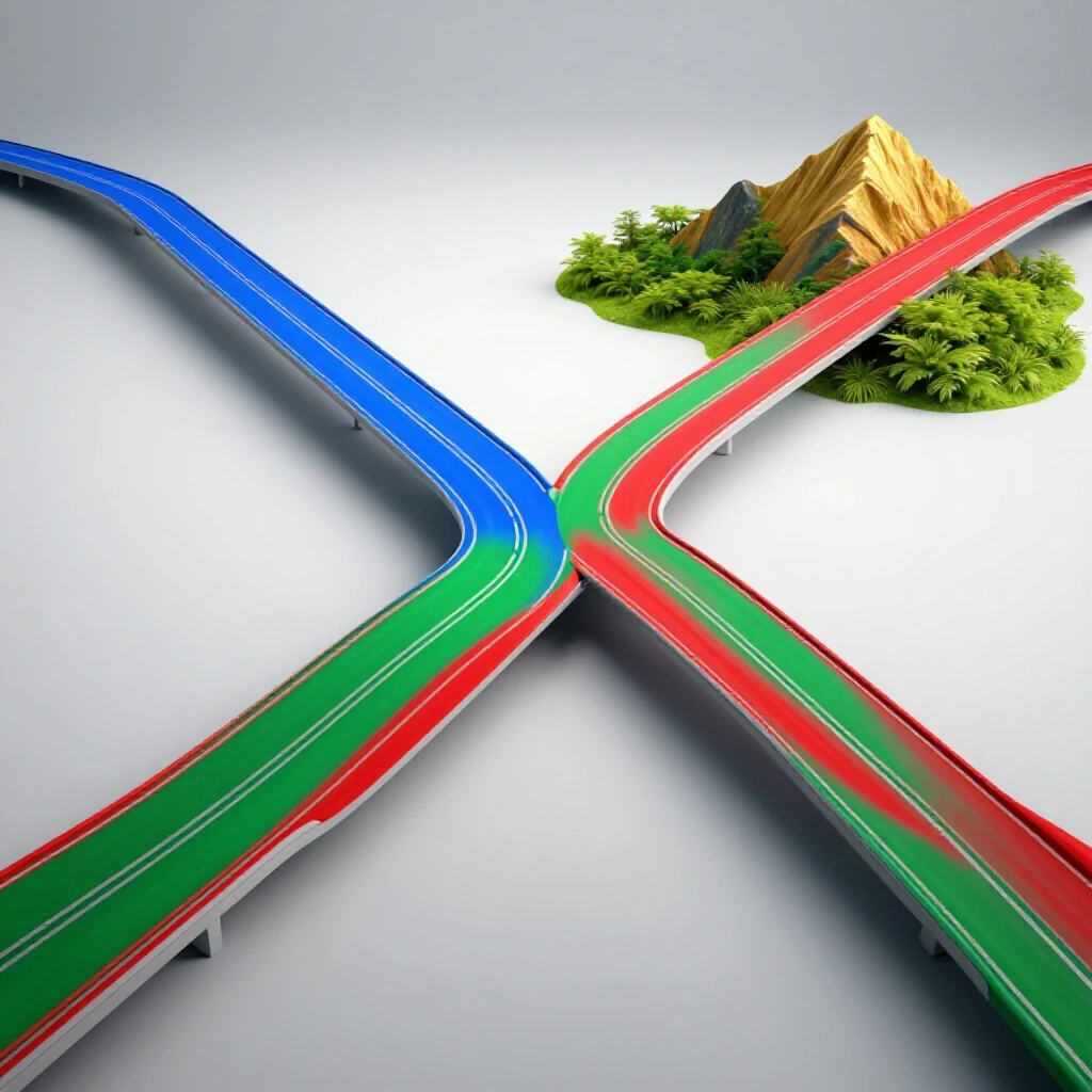 Split pathway with single blue road and two diverging green and red roads leading to different landscapes on a bright background