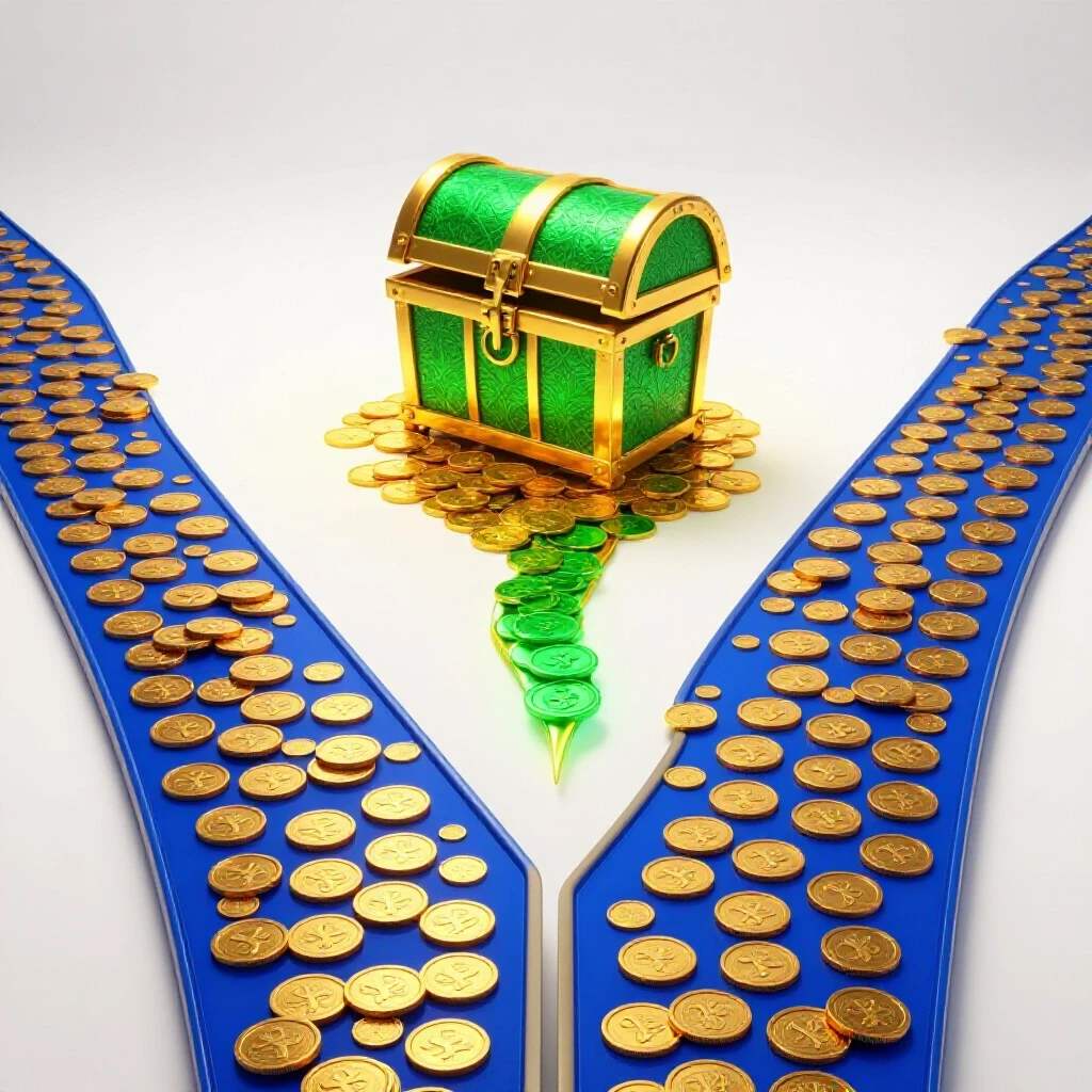 Split pathway with gold coin-lined route and a glowing treasure chest at a fork, contrasting choices.