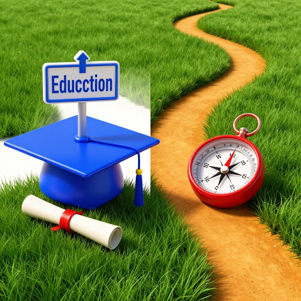 Split image: graduation cap and diploma at a crossroads contrasted with a compass on a winding trail, symbolizing career choices.