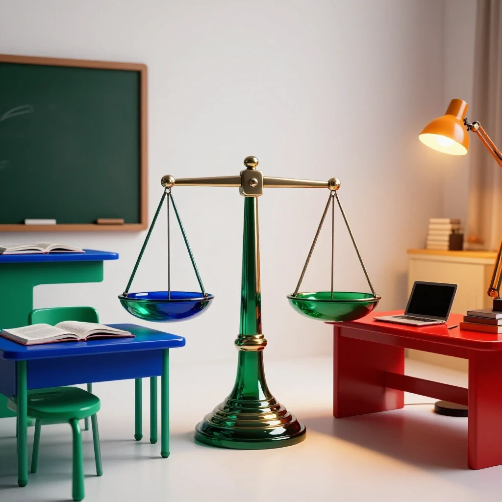 Split scene showing a vibrant classroom and a glowing evening workspace with a symbolic balance at center