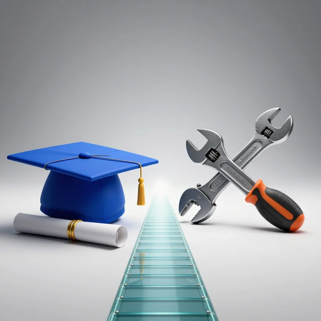 A split image showing a graduation cap with diploma on one side and work tools on the other, merging toward a bright pathway.