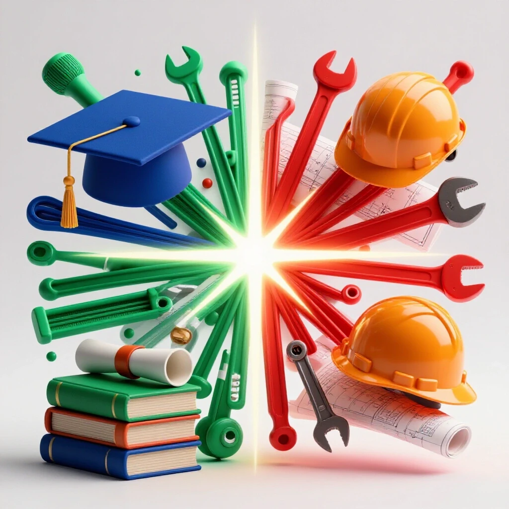 Split scene of graduation symbols and fieldwork tools meeting at a glowing crossroads on a bright background
