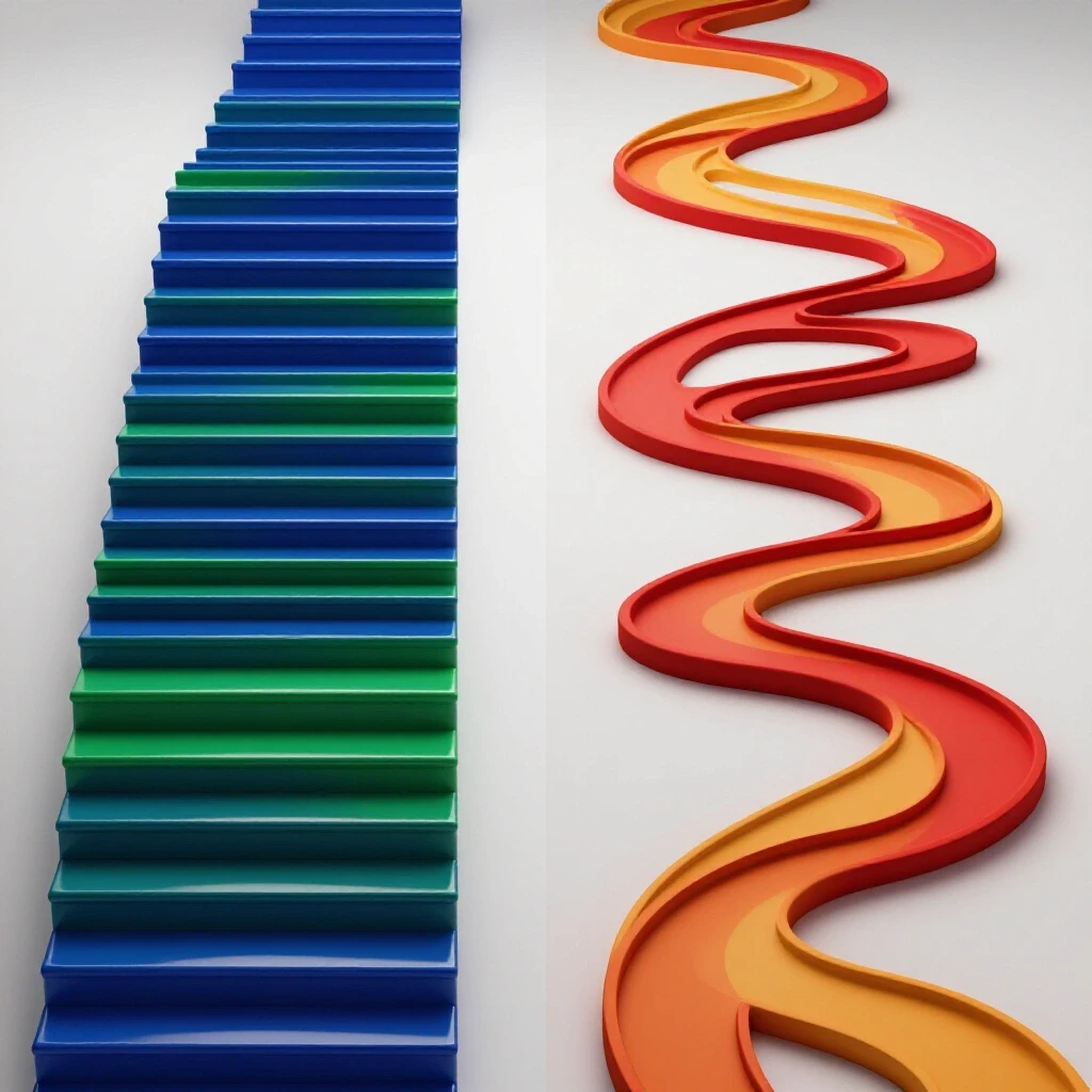 Split composition shows glossy staircase and winding matte trail in vibrant colors on bright background