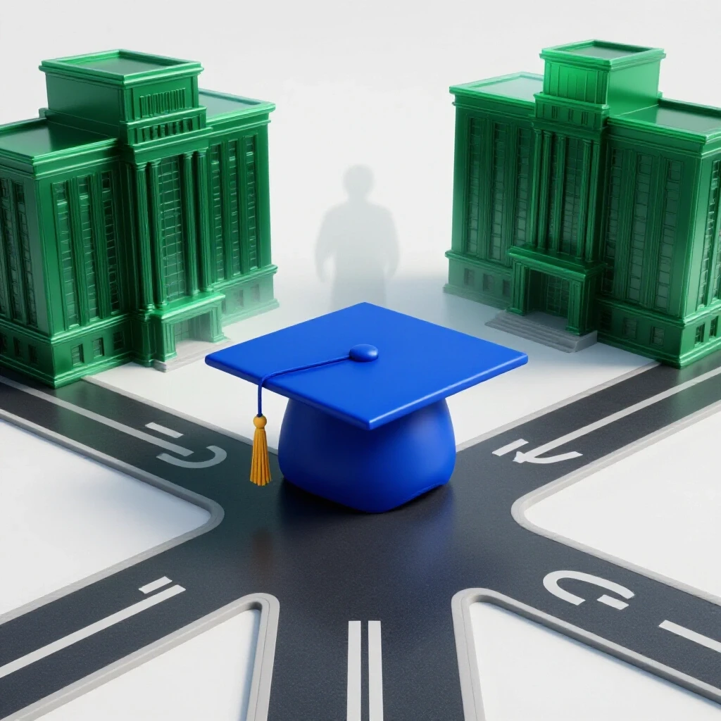 A crossroads with a blue graduation cap on one path and a green government building on the other, set in a bright, clean studio setting with contrasting backdrops of uncertainty and security.