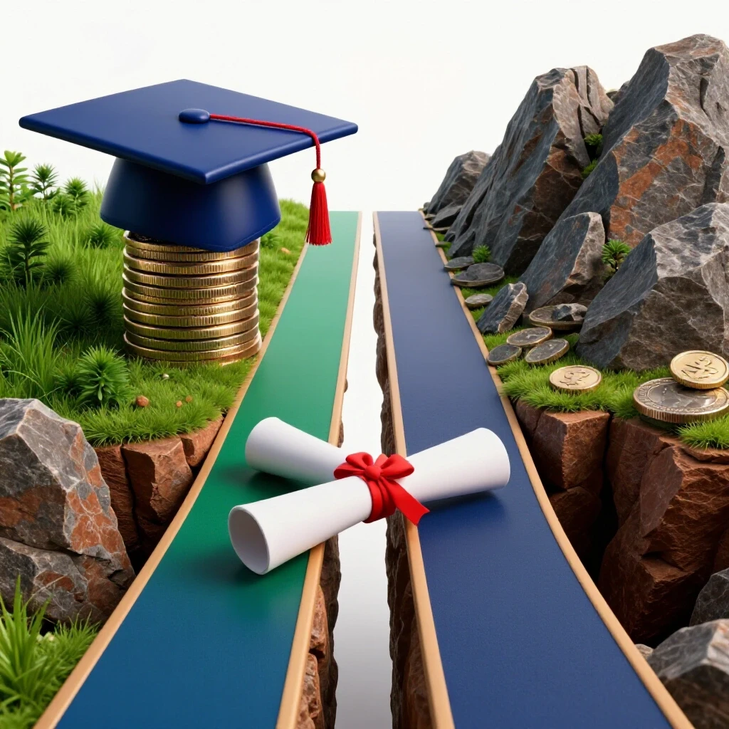 Split pathway with graduation cap on coins and diploma bridging a gap, set against contrasting stable and uncertain landscapes.