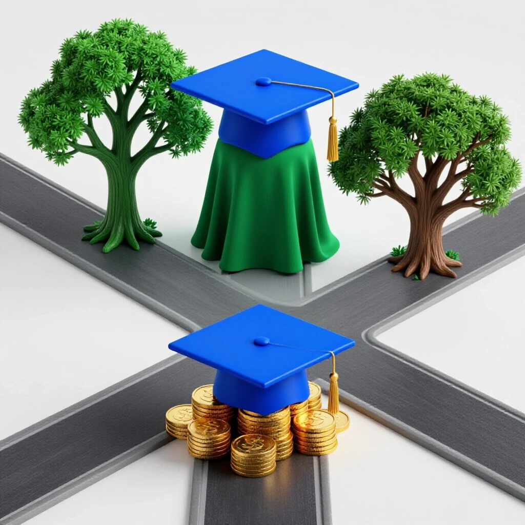 Dynamic crossroads with a graduation cap on dollar coins on one path and a scholarly hood over a branching tree on the other, against a bright background.
