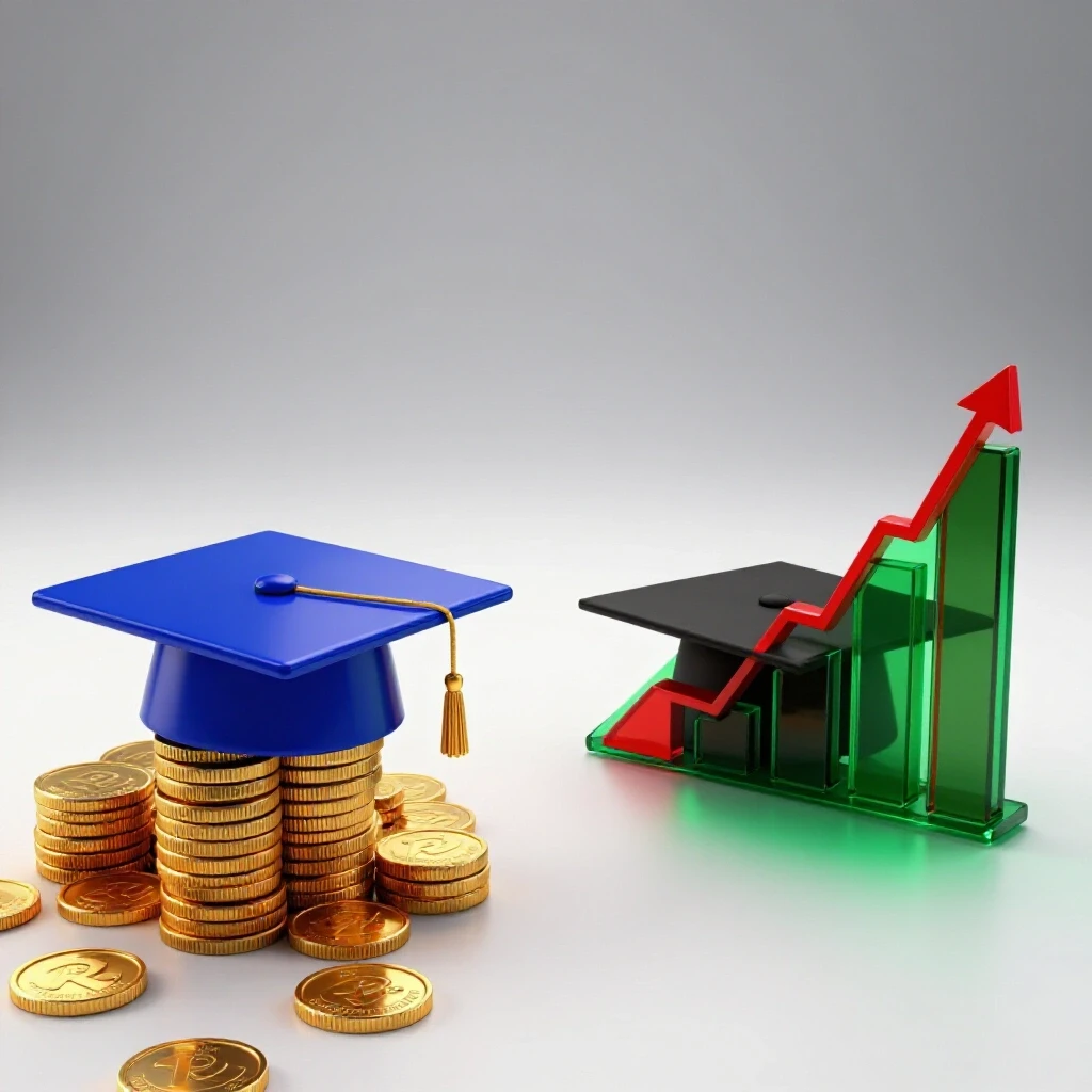 Split path with graduation cap on coins and graduation hood beside a growing investment chart on bright background.