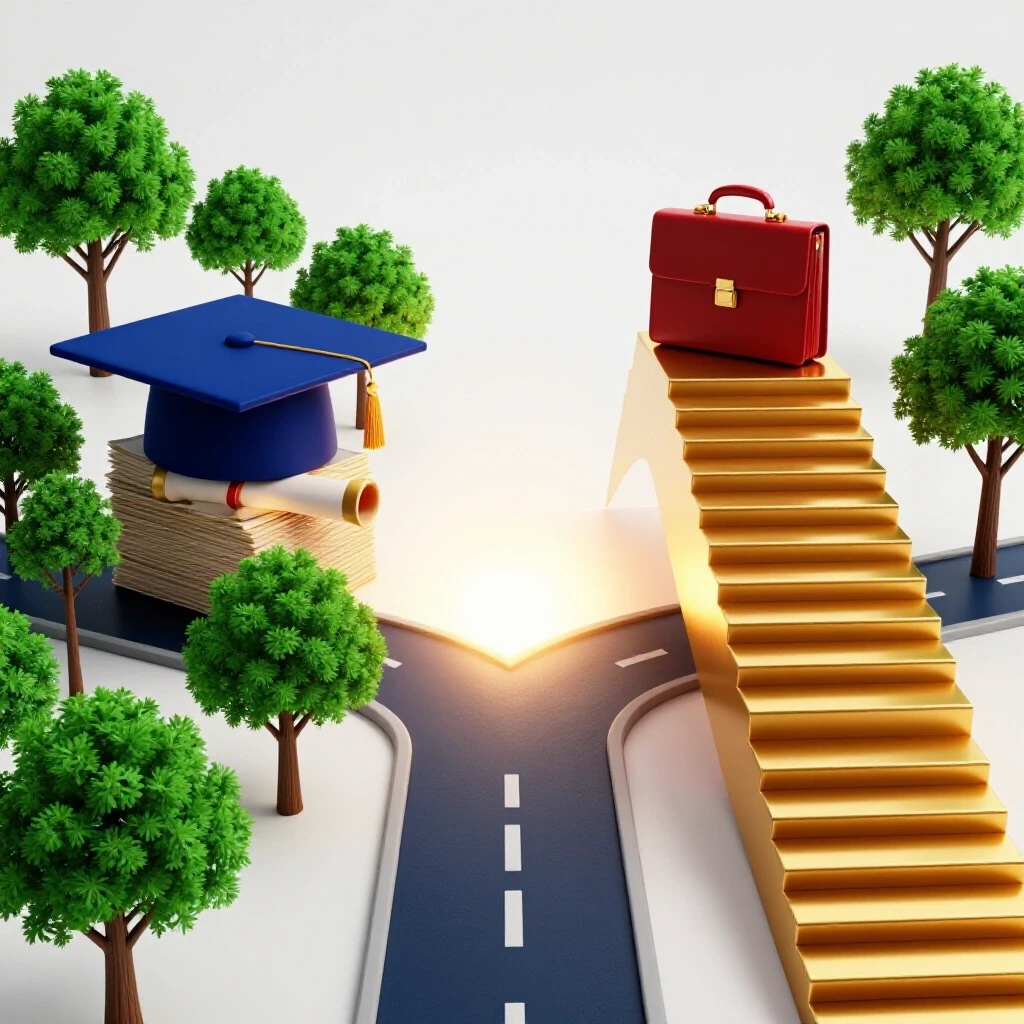 Split-path scene with graduation cap and money trees on one side, golden steps and briefcase on the other, converging toward a glowing horizon.