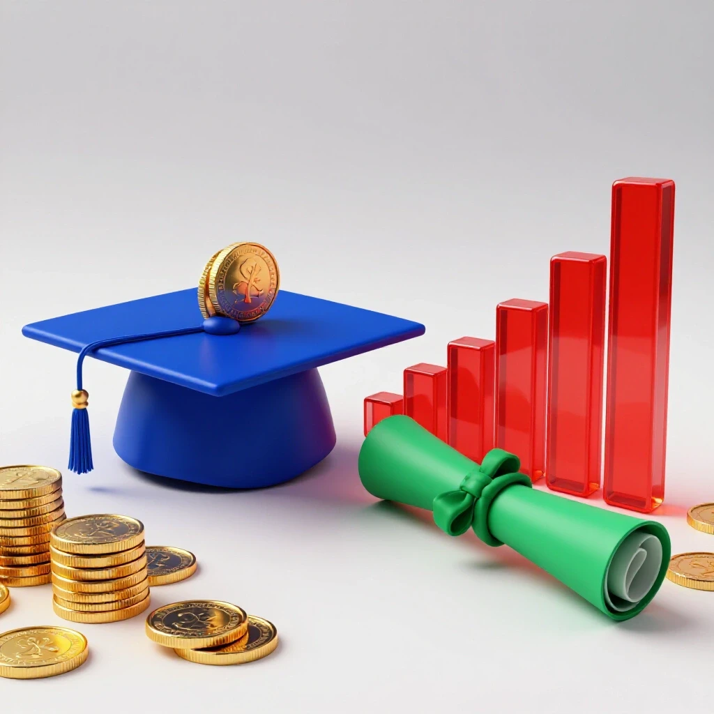 Split-path scene showing a graduation cap merging into coins on one side and a diploma transforming into a bar graph on the other.