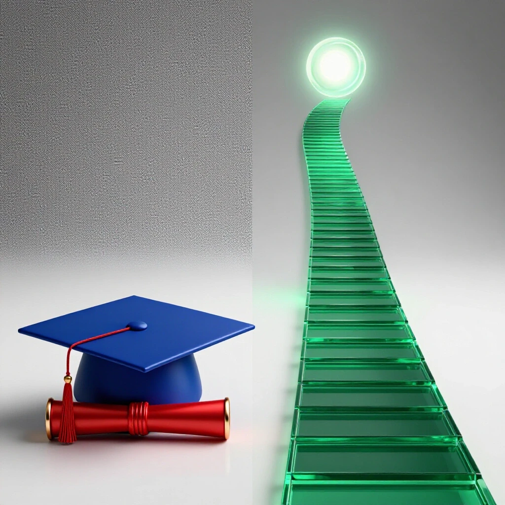 Split scene showing a graduation cap and diploma contrasted with a glowing path symbolizing career choices.