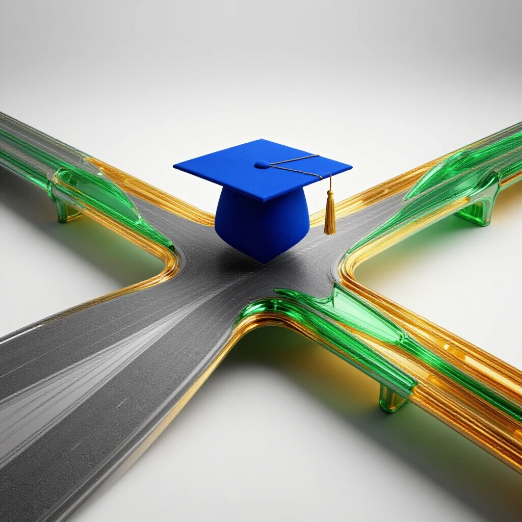 Crossroads with a classic graduation cap on one path and a glowing modern bridge on the other, converging toward a bright skyline.