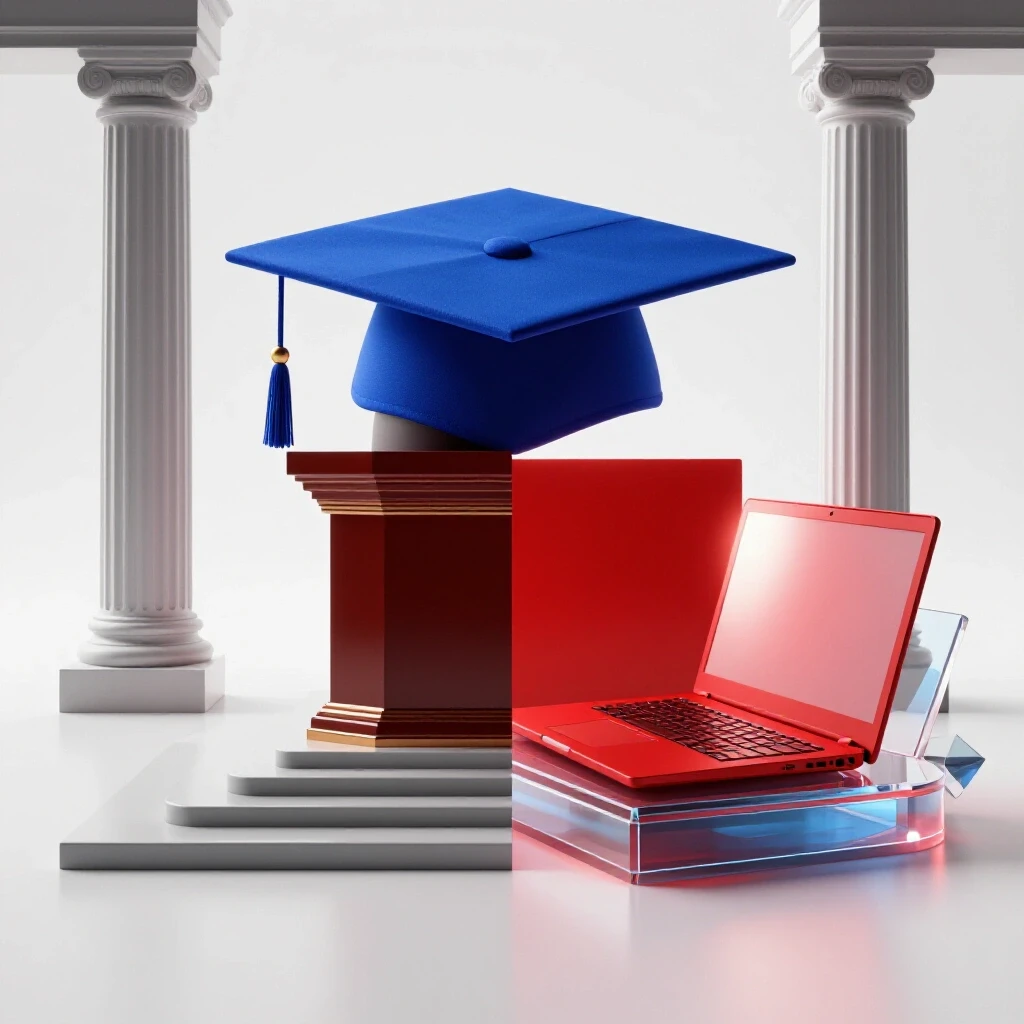 Split scene showing a graduation cap in a formal campus setting contrasted with a vibrant laptop in a modern environment, representing traditional versus hybrid education pathways.